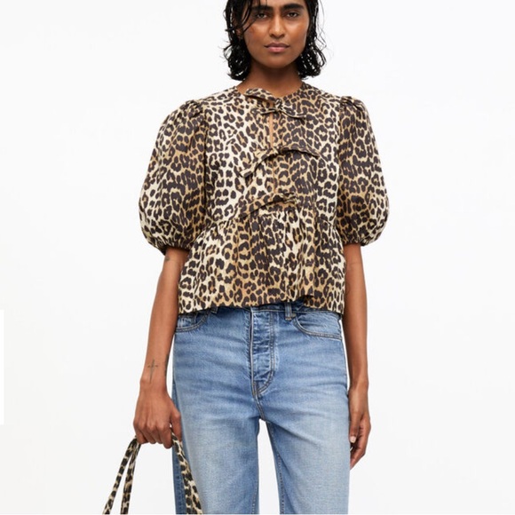 Ganni Tops - Ganni Cotton Poplin Peplum Bow Tie Top